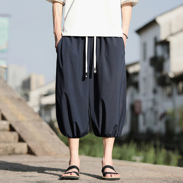 Buddha Stones Solid Drawstring Men's Capri Cropped Harem Pants With Pockets - SteelBlue - US/UK/AU46，EU56 (5XL) - image 0