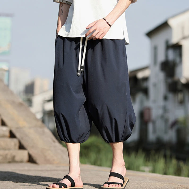 Buddha Stones Solid Drawstring Men's Capri Cropped Harem Pants With Pockets - image 6