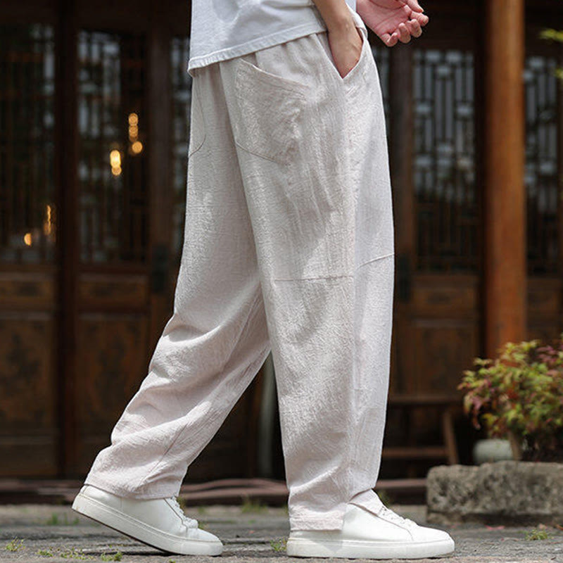 Buddha Stones Solid Drawstring Men's Elastic Waistband Cotton Linen Pants With Pockets - image 2