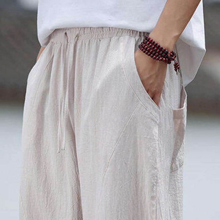 Buddha Stones Solid Drawstring Men's Elastic Waistband Cotton Linen Pants With Pockets - image 9