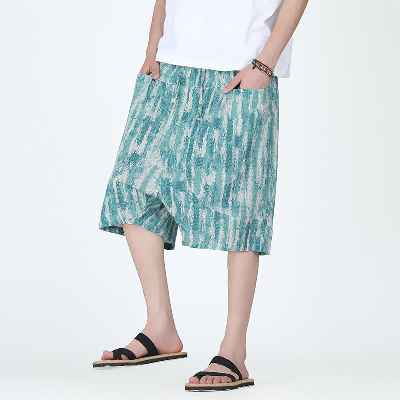 Buddha Stones Summer Stripes Cotton Linen Men's Capri Pants With Pockets - CadetBlue - US/UK/AU46，EU56 (5XL) - image 0