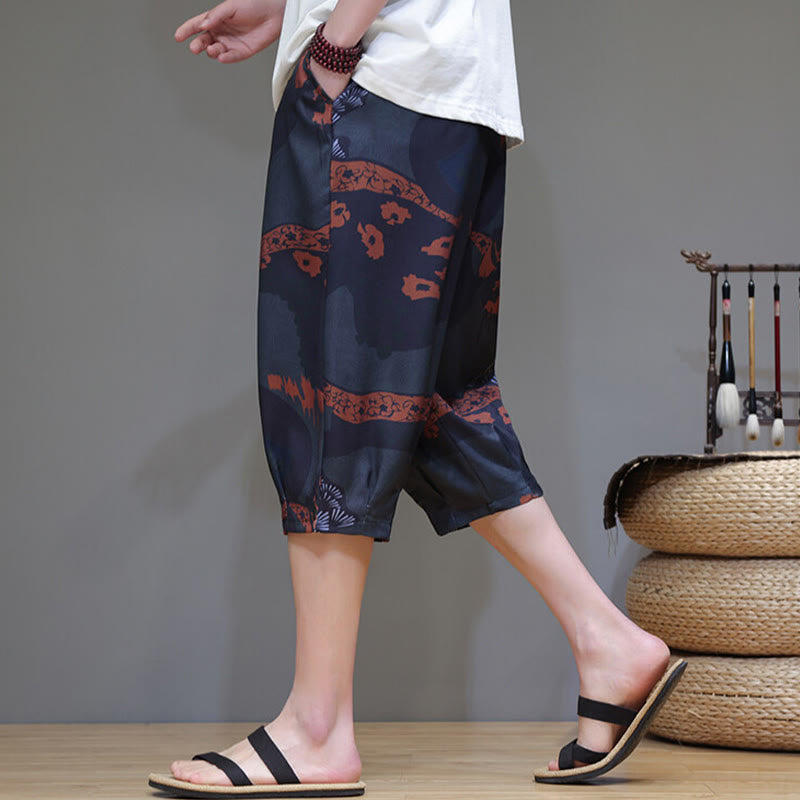 Buddha Stones Summer Bamboo Leaves Flowers Cotton Linen Men's Capri Pants With Pockets - image 14
