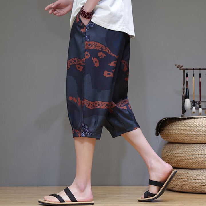 Buddha Stones Summer Bamboo Leaves Flowers Cotton Linen Men's Capri Pants With Pockets - image 14