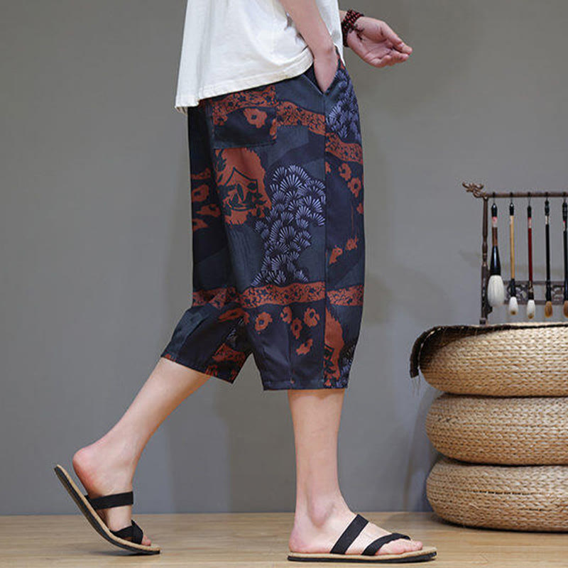 Buddha Stones Summer Bamboo Leaves Flowers Cotton Linen Men's Capri Pants With Pockets - image 16