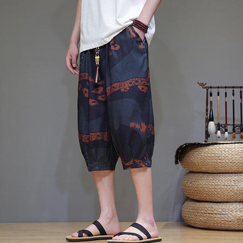 Buddha Stones Summer Bamboo Leaves Flowers Cotton Linen Men's Capri Pants With Pockets - image 19
