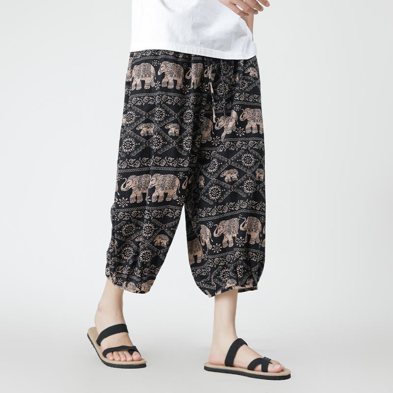 Buddha Stones Summer Square Patchwork Elephant Mandala Geometry Cotton Linen Men's 7-8 Length Pants With Pockets - image 26