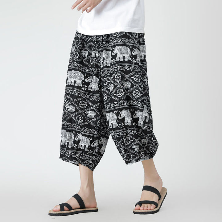 Buddha Stones Summer Square Patchwork Elephant Mandala Geometry Cotton Linen Men's 7-8 Length Pants With Pockets - Black - US/UK/AU46，EU56 (5XL) - image 41