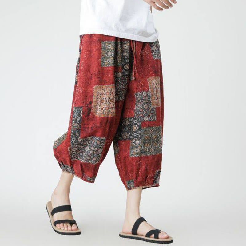 Buddha Stones Summer Square Patchwork Elephant Mandala Geometry Cotton Linen Men's 7-8 Length Pants With Pockets - image 6