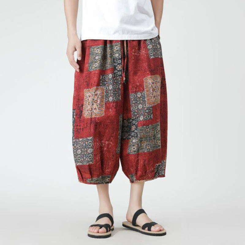 Buddha Stones Summer Square Patchwork Elephant Mandala Geometry Cotton Linen Men's 7-8 Length Pants With Pockets - image 5