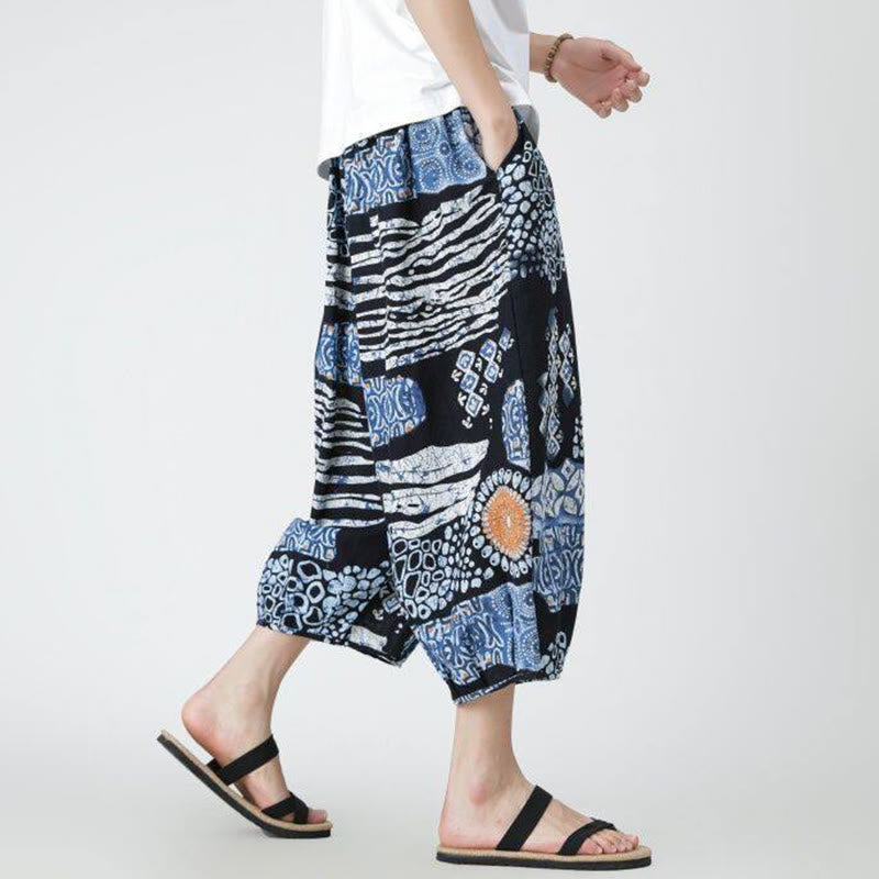 Buddha Stones Summer Square Patchwork Elephant Mandala Geometry Cotton Linen Men's 7-8 Length Pants With Pockets - image 33