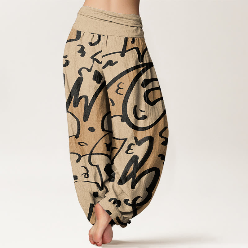 Buddha Stones Casual Playful Doodl Line Pattern Women's Elastic Waist Harem Pants - image 1