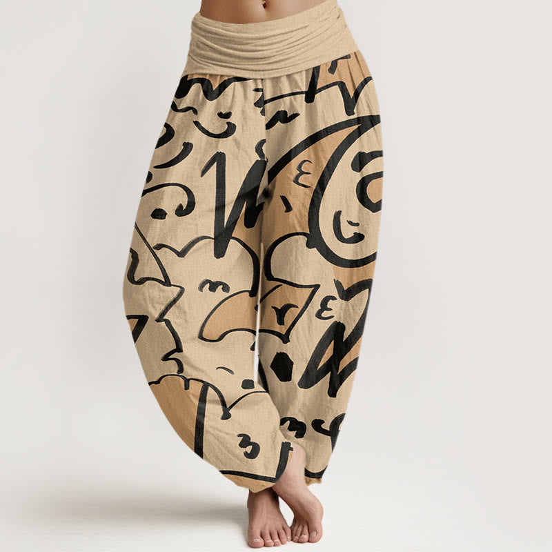 Buddha Stones Casual Playful Doodl Line Pattern Women's Elastic Waist Harem Pants - PaleGoldenrod - US22，UK/AU26，EU54 (6XL) - image 0
