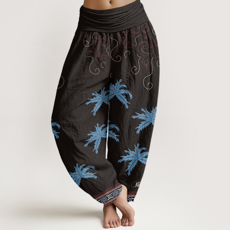 Buddha Stones Casual Floral Scroll Tropical Palm Pattern Women's Elastic Waist Harem Pants - Black - US22，UK/AU26，EU54 (6XL) - image 0