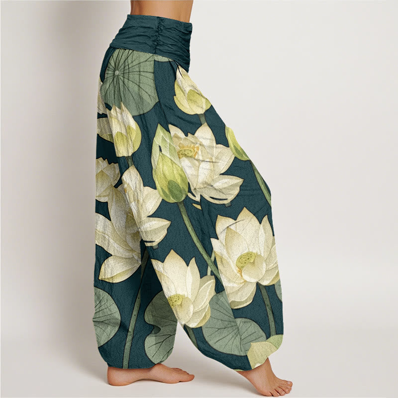 Buddha Stones Casual Lotus Flowers Pod Pattern Women's Elastic Waist Harem Pants - image 1