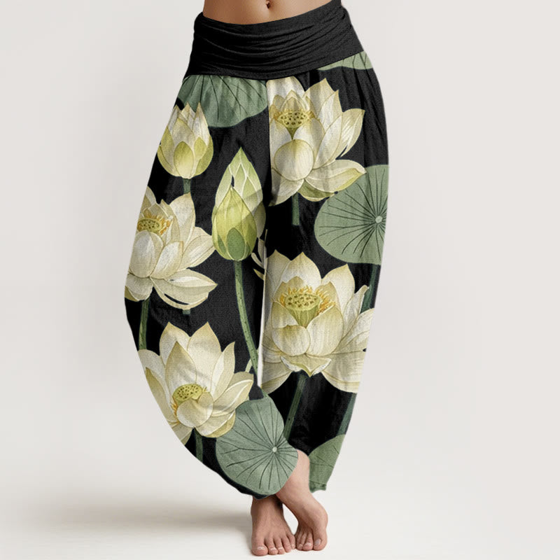 Buddha Stones Casual Lotus Flowers Pod Pattern Women's Elastic Waist Harem Pants - Black - US22，UK/AU26，EU54 (6XL) - image 4