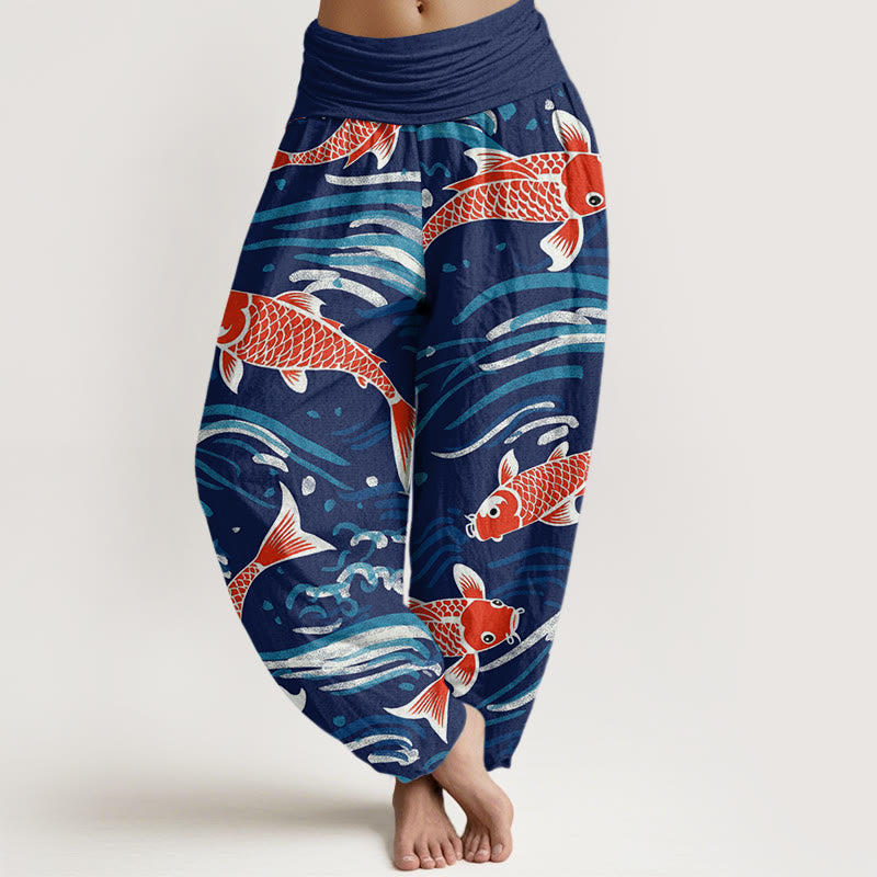 Buddha Stones Casual Wave Koi Pattern Women's Elastic Waist Harem Pants - Navy - US22，UK/AU26，EU54 (6XL) - image 0