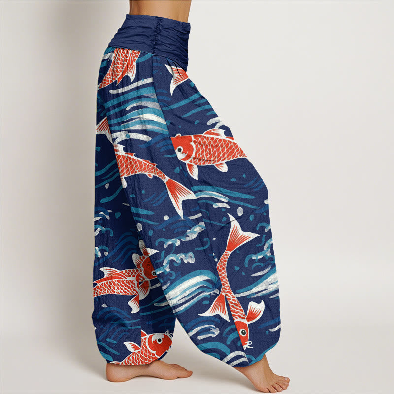 Buddha Stones Casual Wave Koi Pattern Women's Elastic Waist Harem Pants - image 1