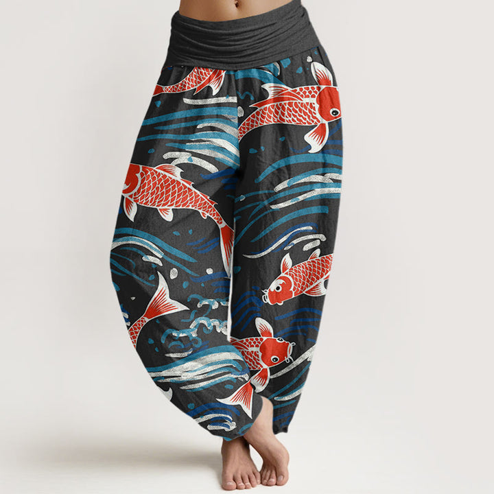 Buddha Stones Casual Wave Koi Pattern Women's Elastic Waist Harem Pants - Black - US22，UK/AU26，EU54 (6XL) - image 4