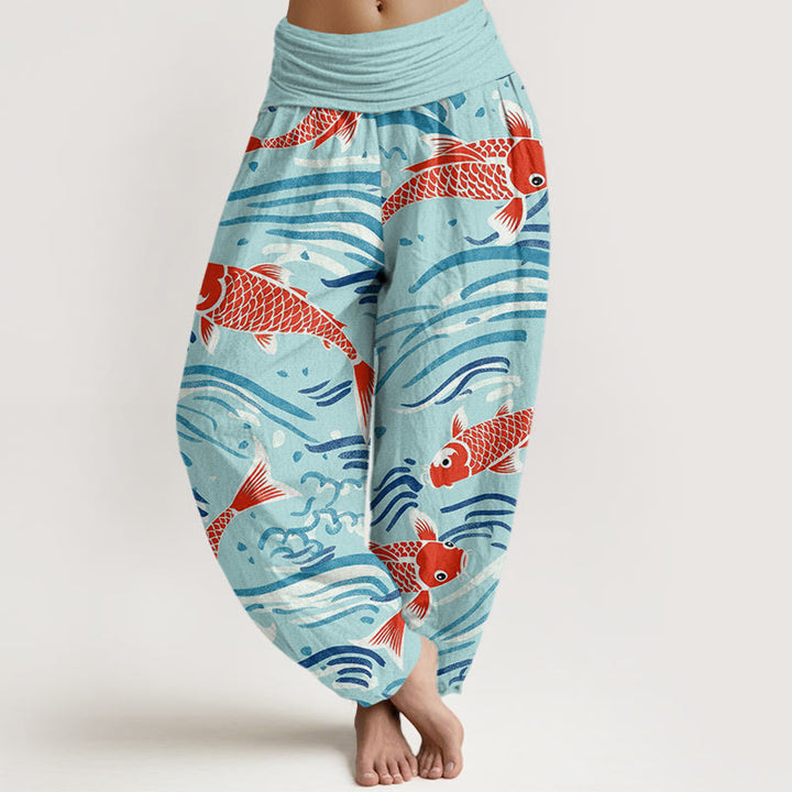 Buddha Stones Casual Wave Koi Pattern Women's Elastic Waist Harem Pants - Turquoise - US22，UK/AU26，EU54 (6XL) - image 7