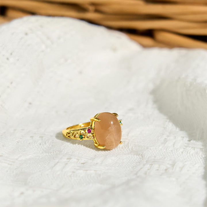 Buddha Stones Hollow Vine Design Peach Moonstone Adjustable Happiness Ring - image 2
