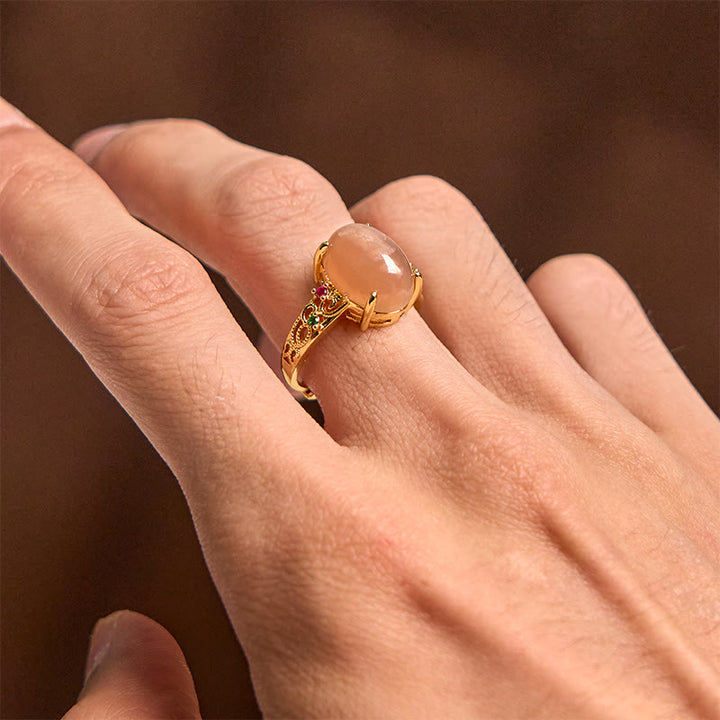 Buddha Stones Hollow Vine Design Peach Moonstone Adjustable Happiness Ring - image 4