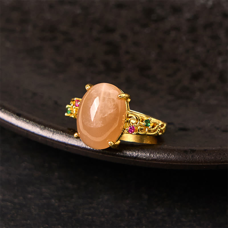 Buddha Stones Hollow Vine Design Peach Moonstone Adjustable Happiness Ring - Peach Moonstone(Size: about 0.39×0.55in(1×1.4cm)) - image 0