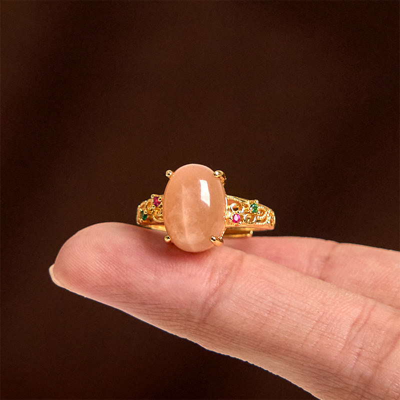 Buddha Stones Hollow Vine Design Peach Moonstone Adjustable Happiness Ring - image 3