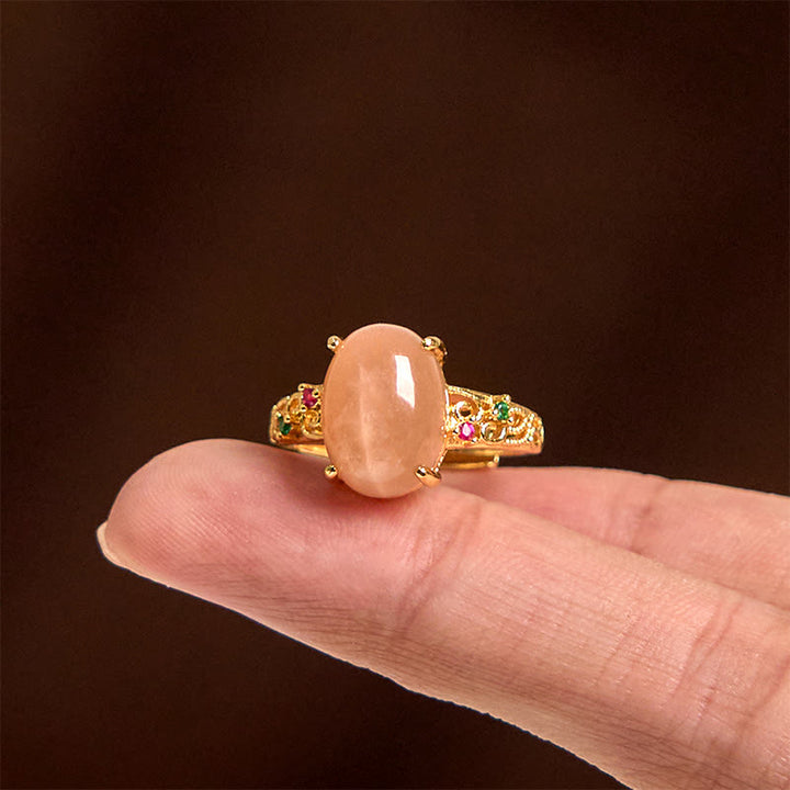 Buddha Stones Hollow Vine Design Peach Moonstone Adjustable Happiness Ring - image 3