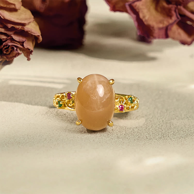 Buddha Stones Hollow Vine Design Peach Moonstone Adjustable Happiness Ring - image 1