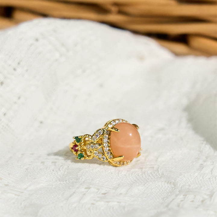 Buddha Stones Vintage Prong Setting Four Leaf Flower Design Peach Moonstone Adjustable Soothing Ring - image 2