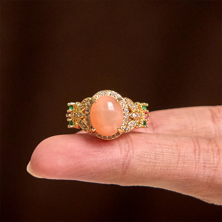 Buddha Stones Vintage Prong Setting Four Leaf Flower Design Peach Moonstone Adjustable Soothing Ring - image 3