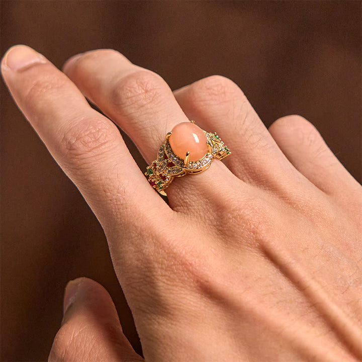 Buddha Stones Vintage Prong Setting Four Leaf Flower Design Peach Moonstone Adjustable Soothing Ring - image 4