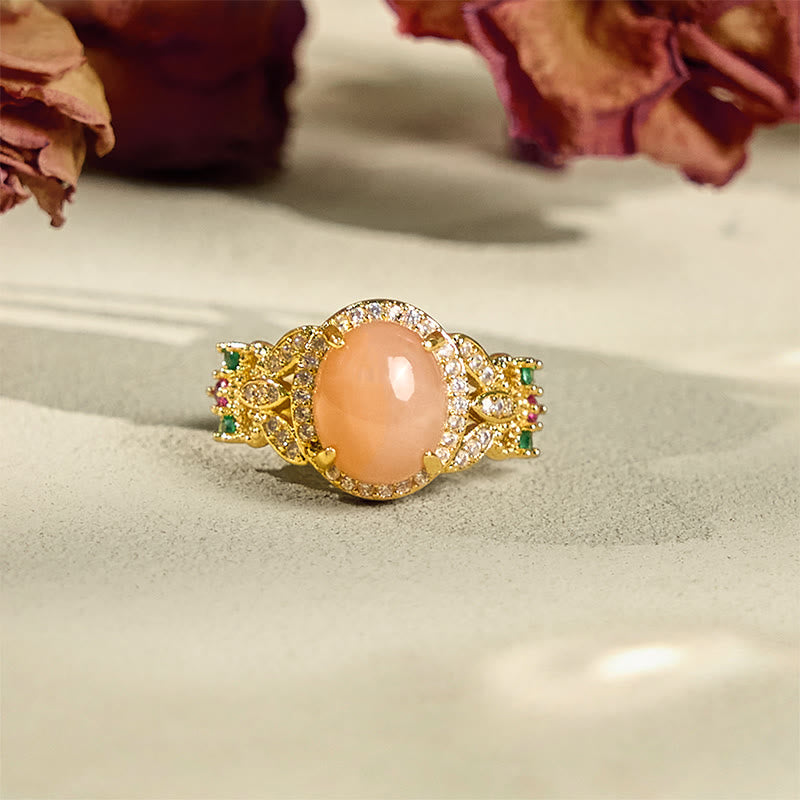 Buddha Stones Vintage Prong Setting Four Leaf Flower Design Peach Moonstone Adjustable Soothing Ring - image 1
