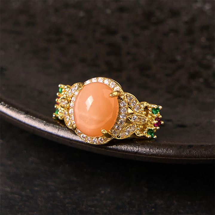 Buddha Stones Vintage Prong Setting Four Leaf Flower Design Peach Moonstone Adjustable Soothing Ring - Peach Moonstone(Size: about 0.39×0.47in(1×1.2cm)) - image 0