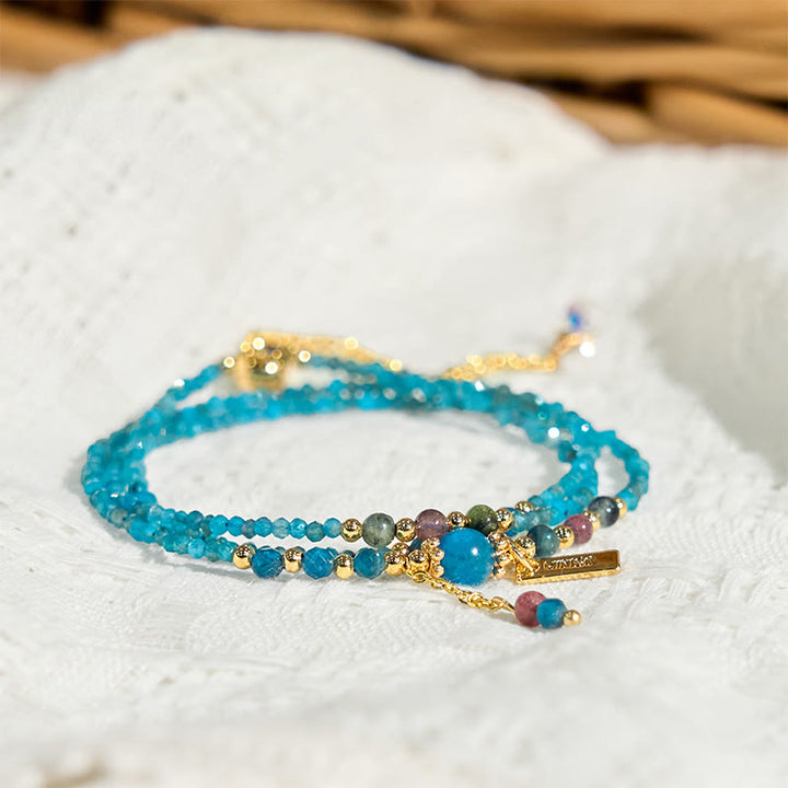 Buddha Stone 3mm Natural Apatite Ultra-thin Beads 14k Gold Plated Copper Creativity Triple Wrap Bracelet - image 3