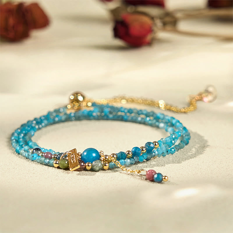 Buddha Stone 3mm Natural Apatite Ultra-thin Beads 14k Gold Plated Copper Creativity Triple Wrap Bracelet - image 1