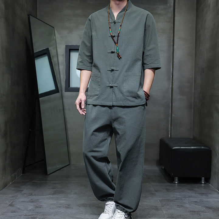 Buddha Stones 2Pcs Tang Suit Frog-Button Design Shirt Pants With Pockets Men's Cotton Linen Meditation Cloth Set - CadetBlue - US/UK/AU46，EU56 (5XL) - image 0