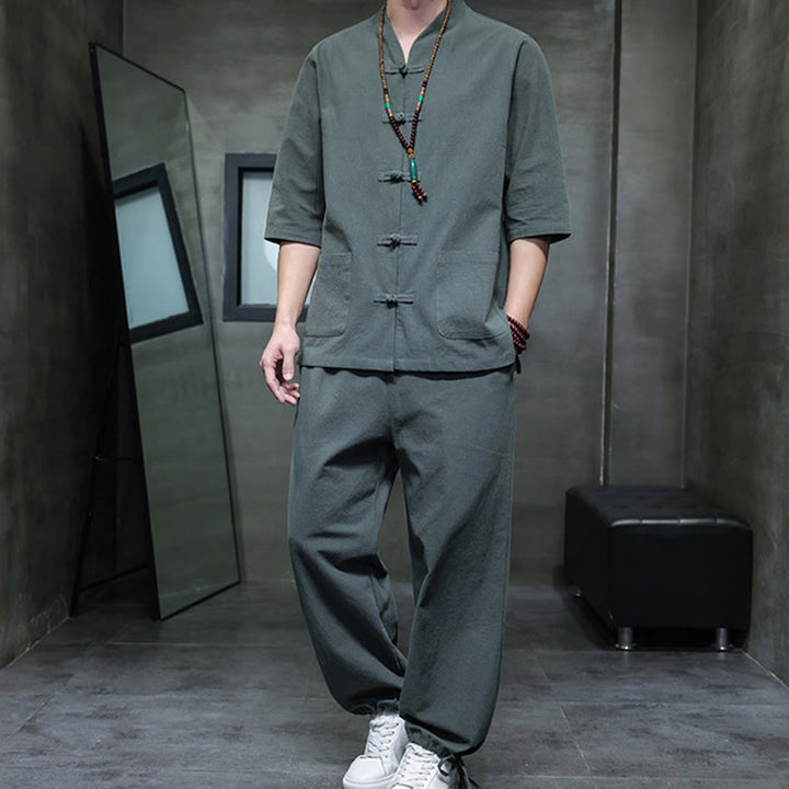 Buddha Stones 2Pcs Tang Suit Frog-Button Design Shirt Pants With Pockets Men's Cotton Linen Meditation Cloth Set - image 4