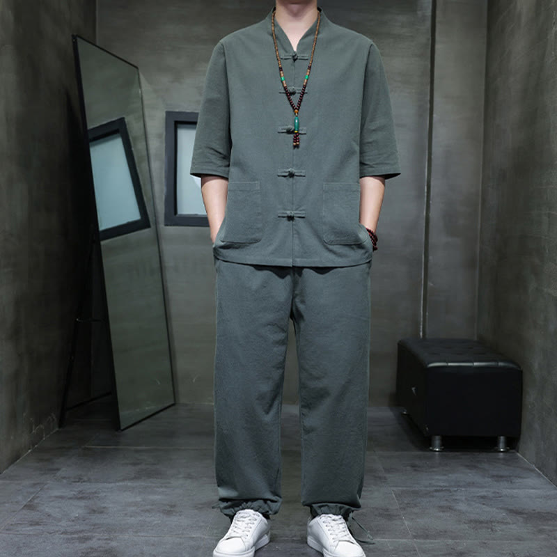 Buddha Stones 2Pcs Tang Suit Frog-Button Design Shirt Pants With Pockets Men's Meditation Cloth Set - image 5