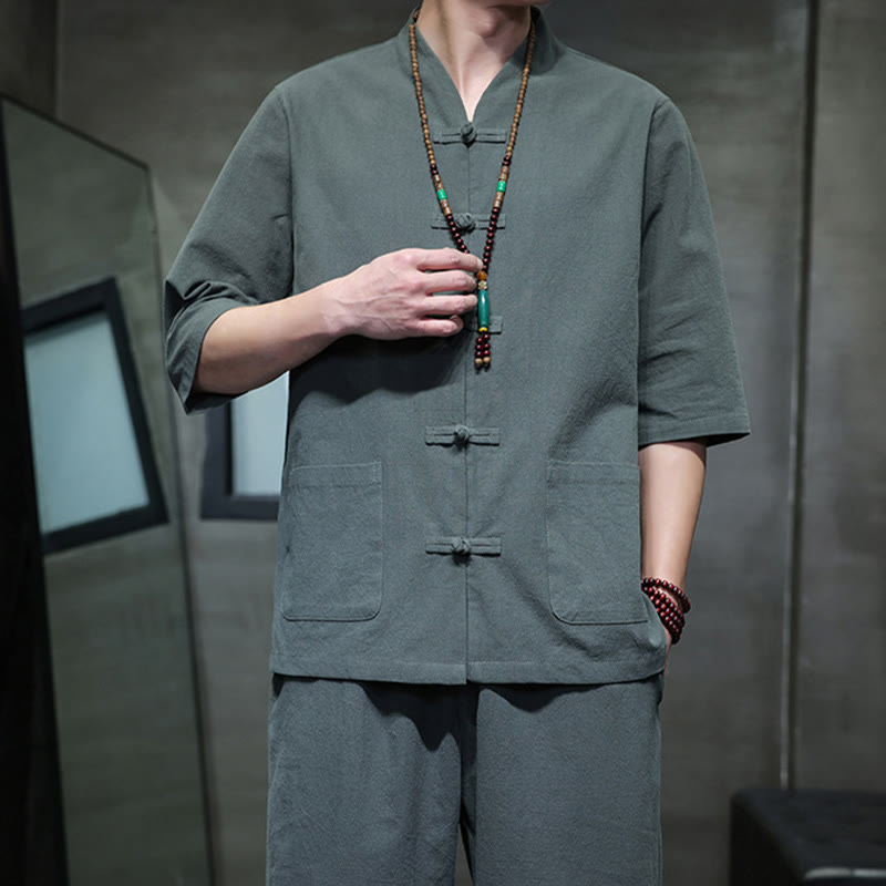 Buddha Stones 2Pcs Tang Suit Frog-Button Design Shirt Pants With Pockets Men's Meditation Cloth Set - image 7