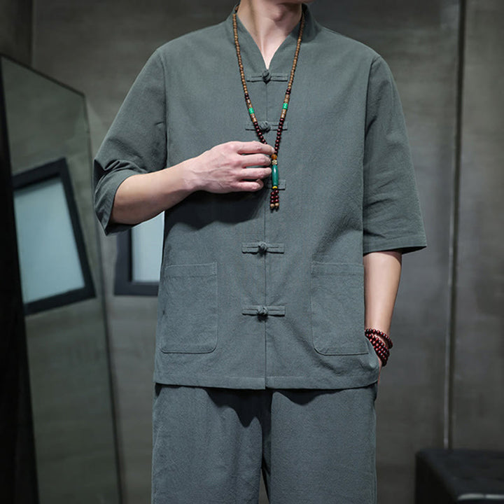 Buddha Stones 2Pcs Tang Suit Frog-Button Design Shirt Pants With Pockets Men's Meditation Cloth Set - image 7