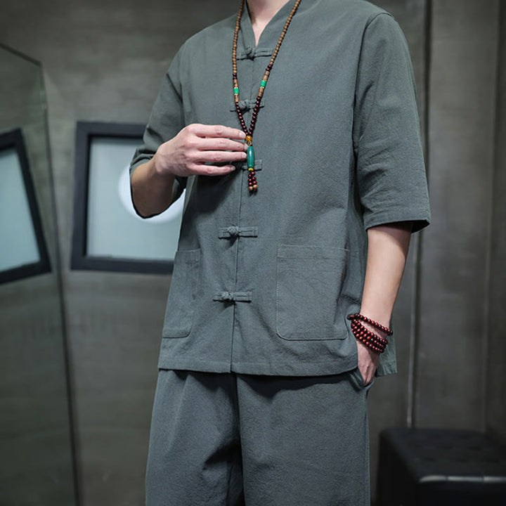 Buddha Stones 2Pcs Tang Suit Frog-Button Design Shirt Pants With Pockets Men's Cotton Linen Meditation Cloth Set - image 8