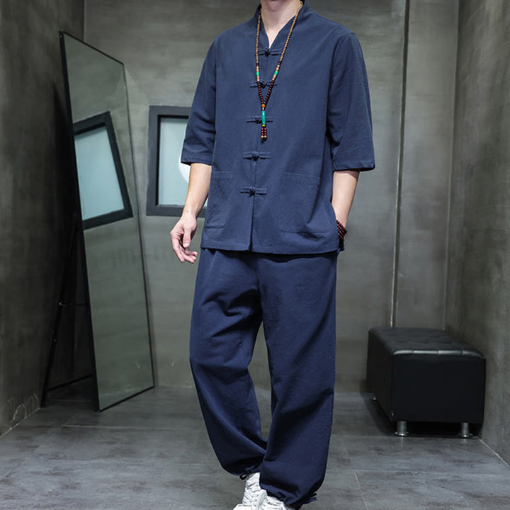 Buddha Stones 2Pcs Tang Suit Frog-Button Design Shirt Pants With Pockets Men's Cotton Linen Meditation Cloth Set - SteelBlue - US/UK/AU46，EU56 (5XL) - image 13