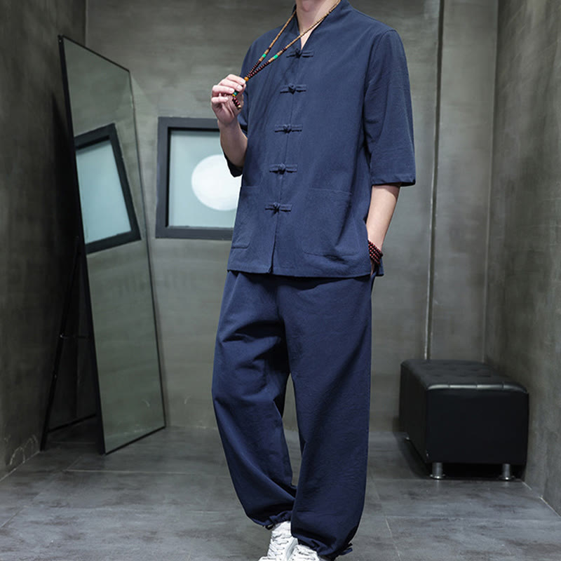 Buddha Stones 2Pcs Tang Suit Frog-Button Design Shirt Pants With Pockets Men's Cotton Linen Meditation Cloth Set - image 18