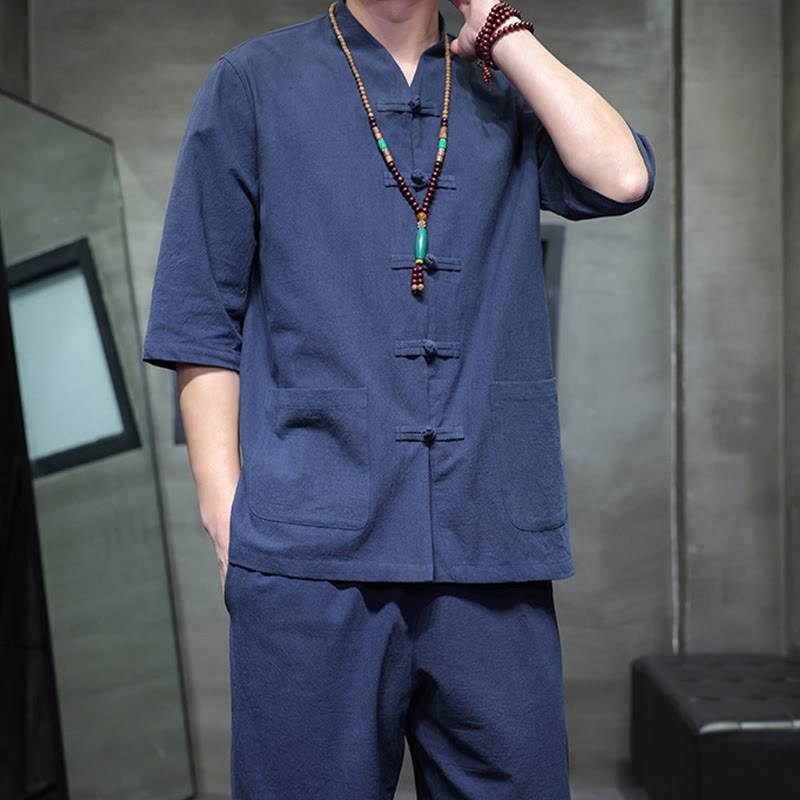 Buddha Stones 2Pcs Tang Suit Frog-Button Design Shirt Pants With Pockets Men's Cotton Linen Meditation Cloth Set - image 20