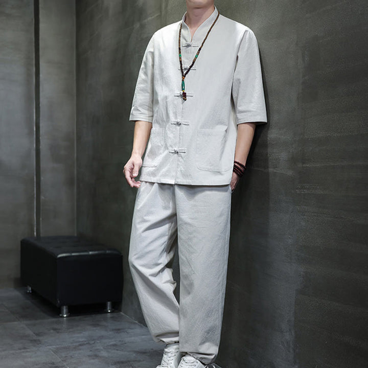 Buddha Stones 2Pcs Tang Suit Frog-Button Design Shirt Pants With Pockets Men's Cotton Linen Meditation Cloth Set - Snow - US/UK/AU46，EU56 (5XL) - image 21