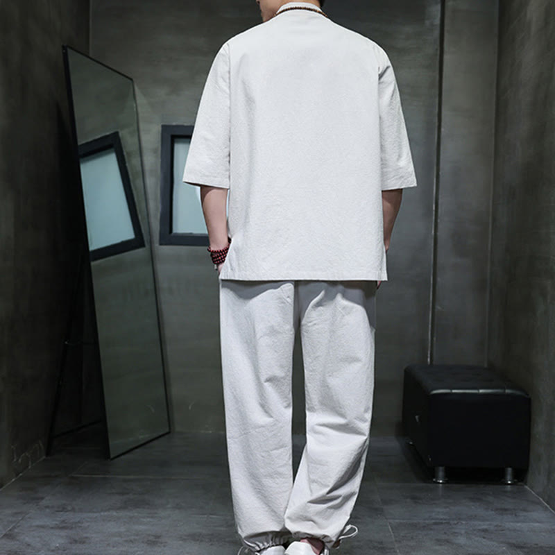 Buddha Stones 2Pcs Tang Suit Frog-Button Design Shirt Pants With Pockets Men's Cotton Linen Meditation Cloth Set - image 22