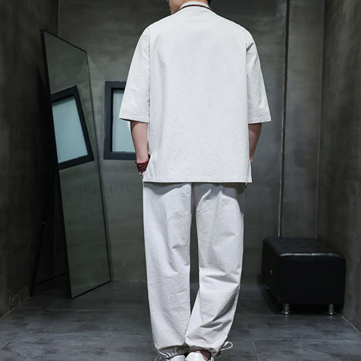 Buddha Stones 2Pcs Tang Suit Frog-Button Design Shirt Pants With Pockets Men's Cotton Linen Meditation Cloth Set - image 22