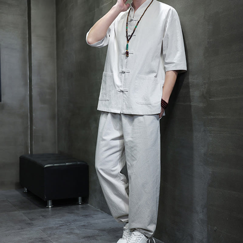 Buddha Stones 2Pcs Tang Suit Frog-Button Design Shirt Pants With Pockets Men's Cotton Linen Meditation Cloth Set - image 25