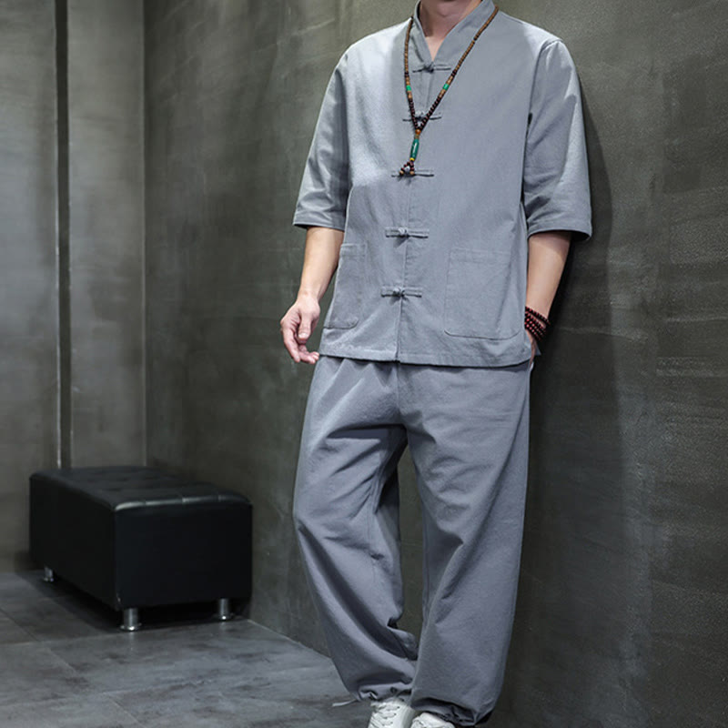 Buddha Stones 2Pcs Tang Suit Frog-Button Design Shirt Pants With Pockets Men's Meditation Cloth Set - image 34